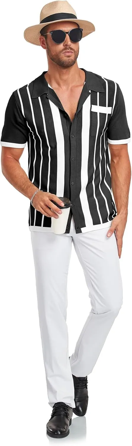 V VALANCH Men's Long/Short Sleeve Knitted Shirts Button Down Vintage Vercital Stripe Camp Collar Polo Shirt