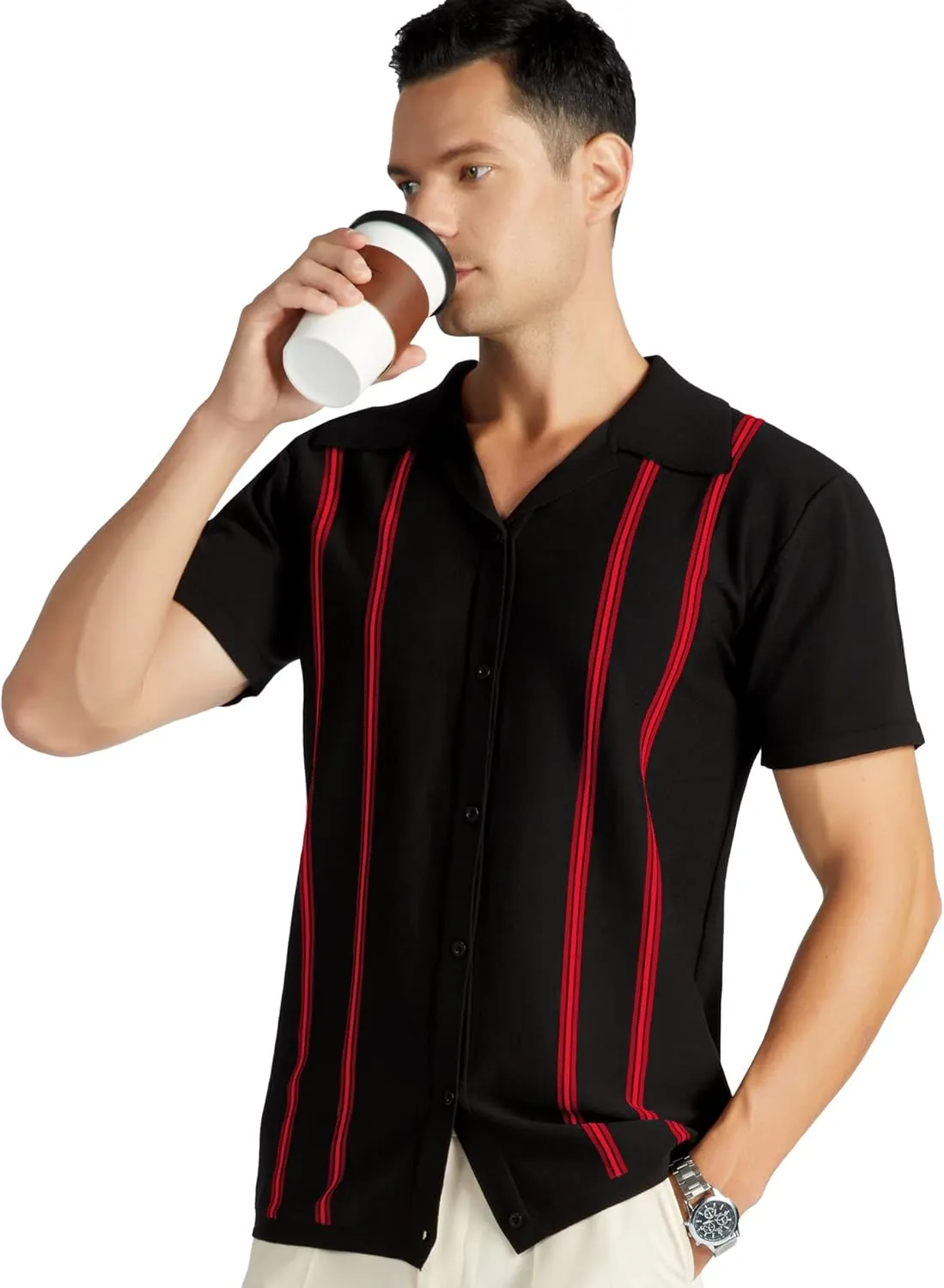 V VALANCH Men's Long/Short Sleeve Knitted Shirts Button Down Vintage Vercital Stripe Camp Collar Polo Shirt