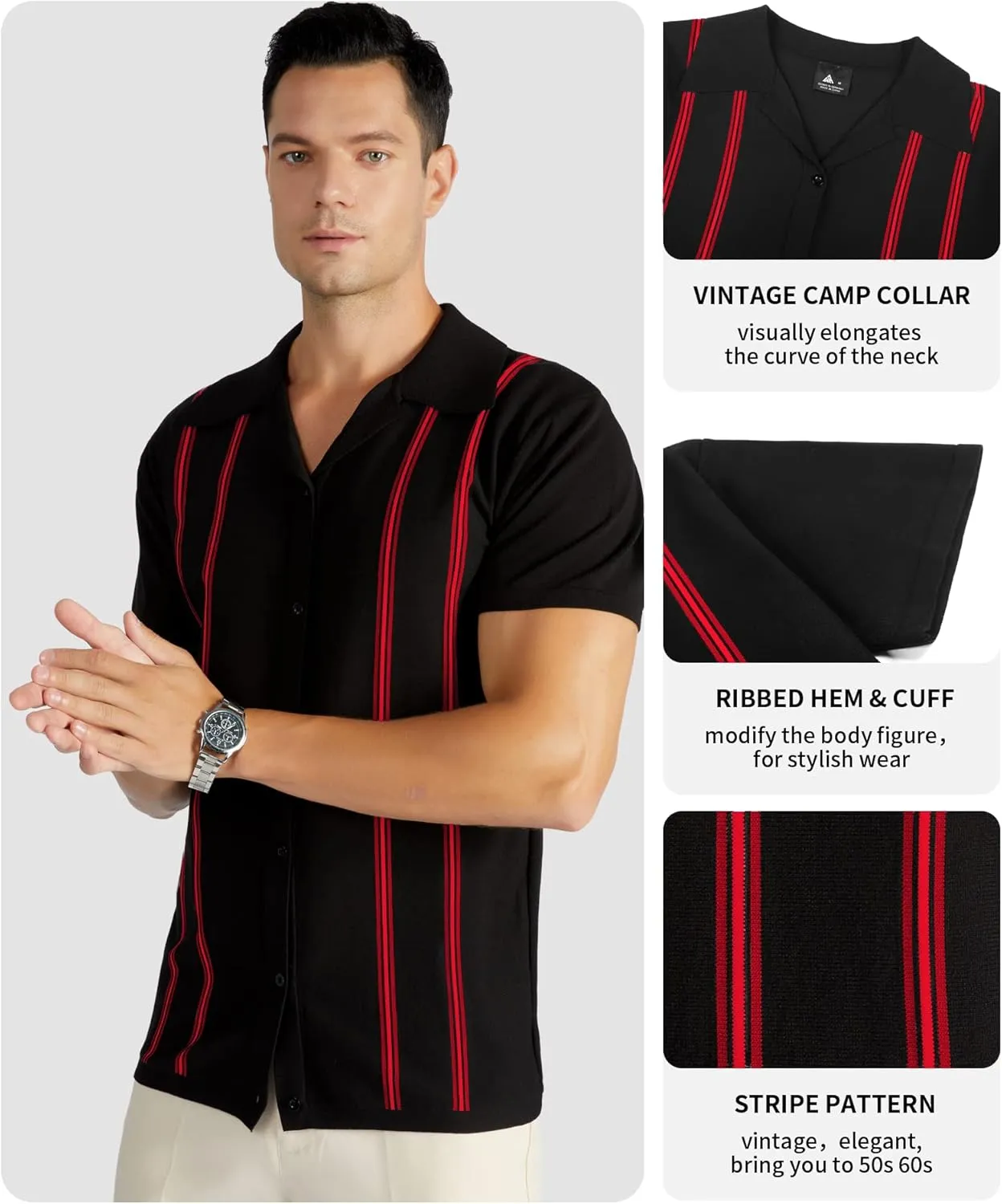 V VALANCH Men's Long/Short Sleeve Knitted Shirts Button Down Vintage Vercital Stripe Camp Collar Polo Shirt