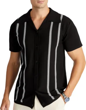 V VALANCH Men's Long/Short Sleeve Knitted Shirts Button Down Vintage Vercital Stripe Camp Collar Polo Shirt