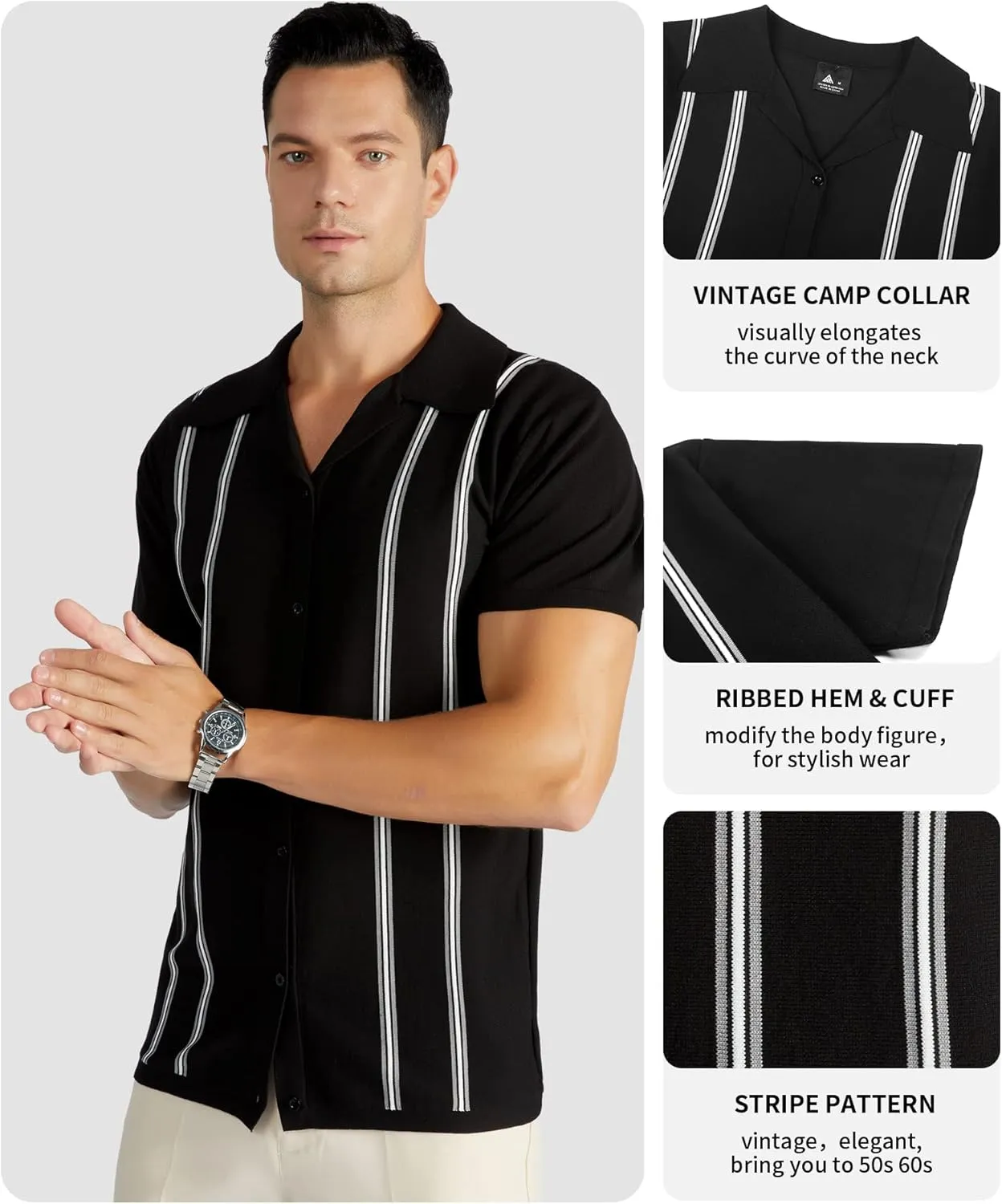 V VALANCH Men's Long/Short Sleeve Knitted Shirts Button Down Vintage Vercital Stripe Camp Collar Polo Shirt