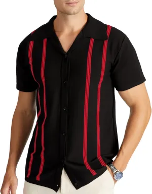 V VALANCH Men's Long/Short Sleeve Knitted Shirts Button Down Vintage Vercital Stripe Camp Collar Polo Shirt