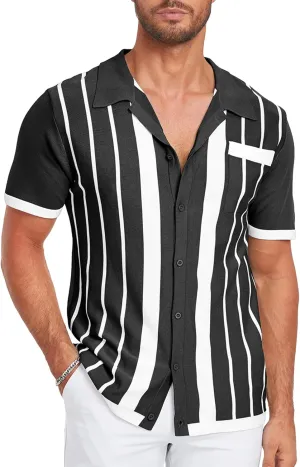 V VALANCH Men's Long/Short Sleeve Knitted Shirts Button Down Vintage Vercital Stripe Camp Collar Polo Shirt