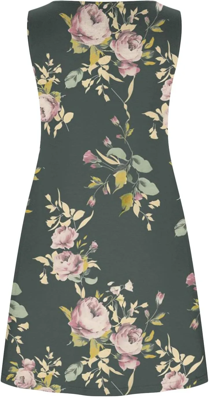 Vacation Dresses for Women 2024 Printed Sleeveless Round Neck Short Dresses Knee Length Dual Pockets Flowy Dresses