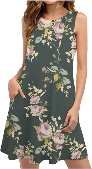 Vacation Dresses for Women 2024 Printed Sleeveless Round Neck Short Dresses Knee Length Dual Pockets Flowy Dresses