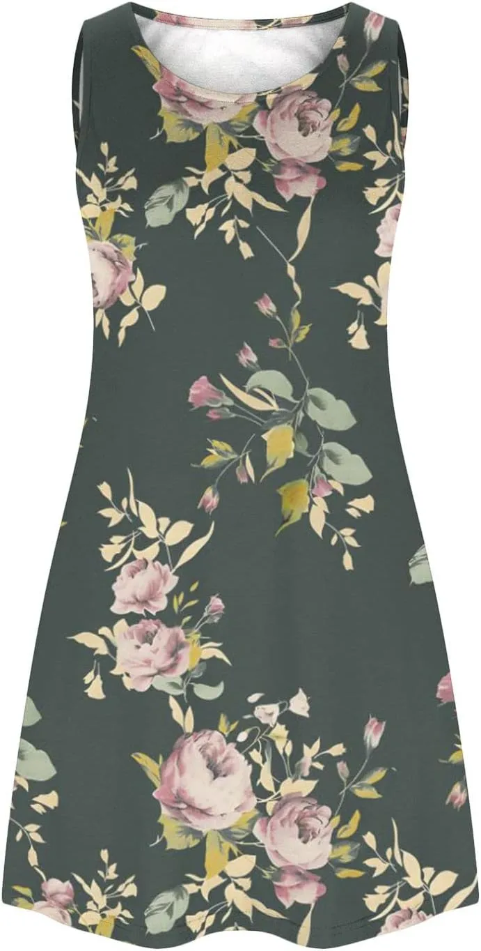 Vacation Dresses for Women 2024 Printed Sleeveless Round Neck Short Dresses Knee Length Dual Pockets Flowy Dresses