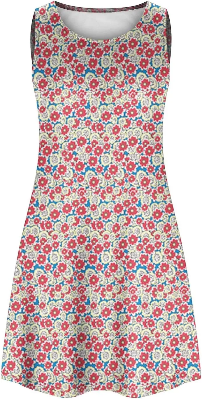 Vacation Dresses for Women 2024 Printed Sleeveless Round Neck Short Dresses Knee Length Dual Pockets Flowy Dresses