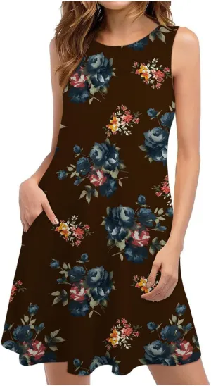 Vacation Dresses for Women 2024 Printed Sleeveless Round Neck Short Dresses Knee Length Dual Pockets Flowy Dresses