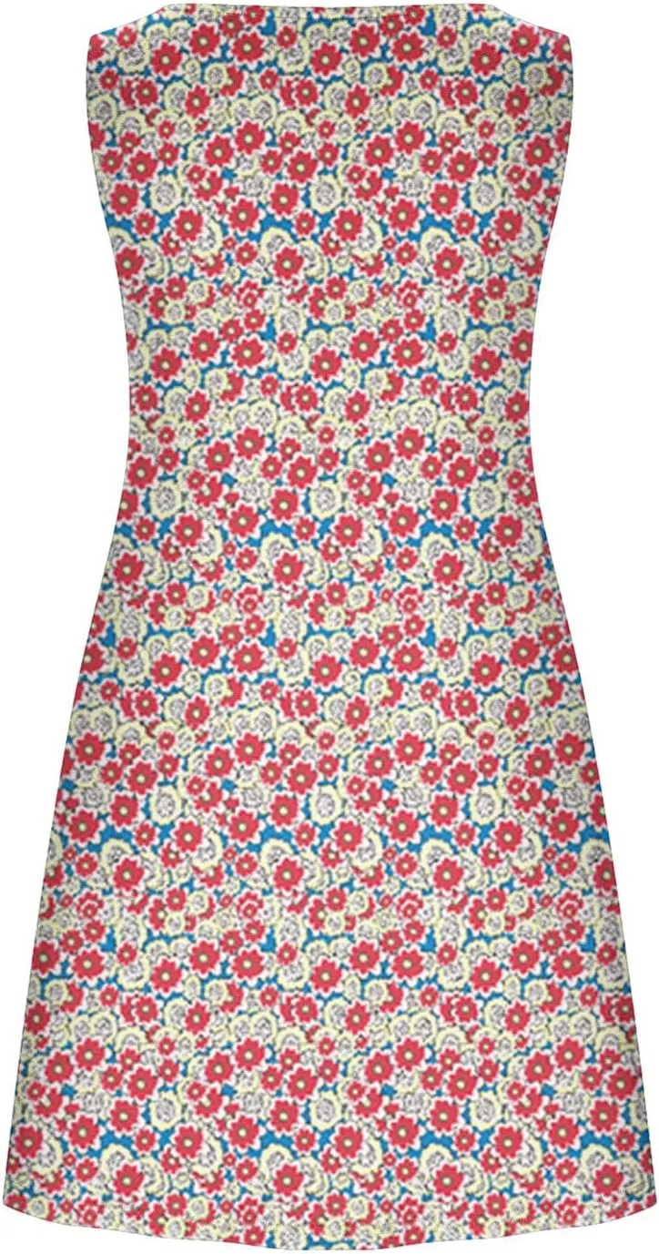 Vacation Dresses for Women 2024 Printed Sleeveless Round Neck Short Dresses Knee Length Dual Pockets Flowy Dresses