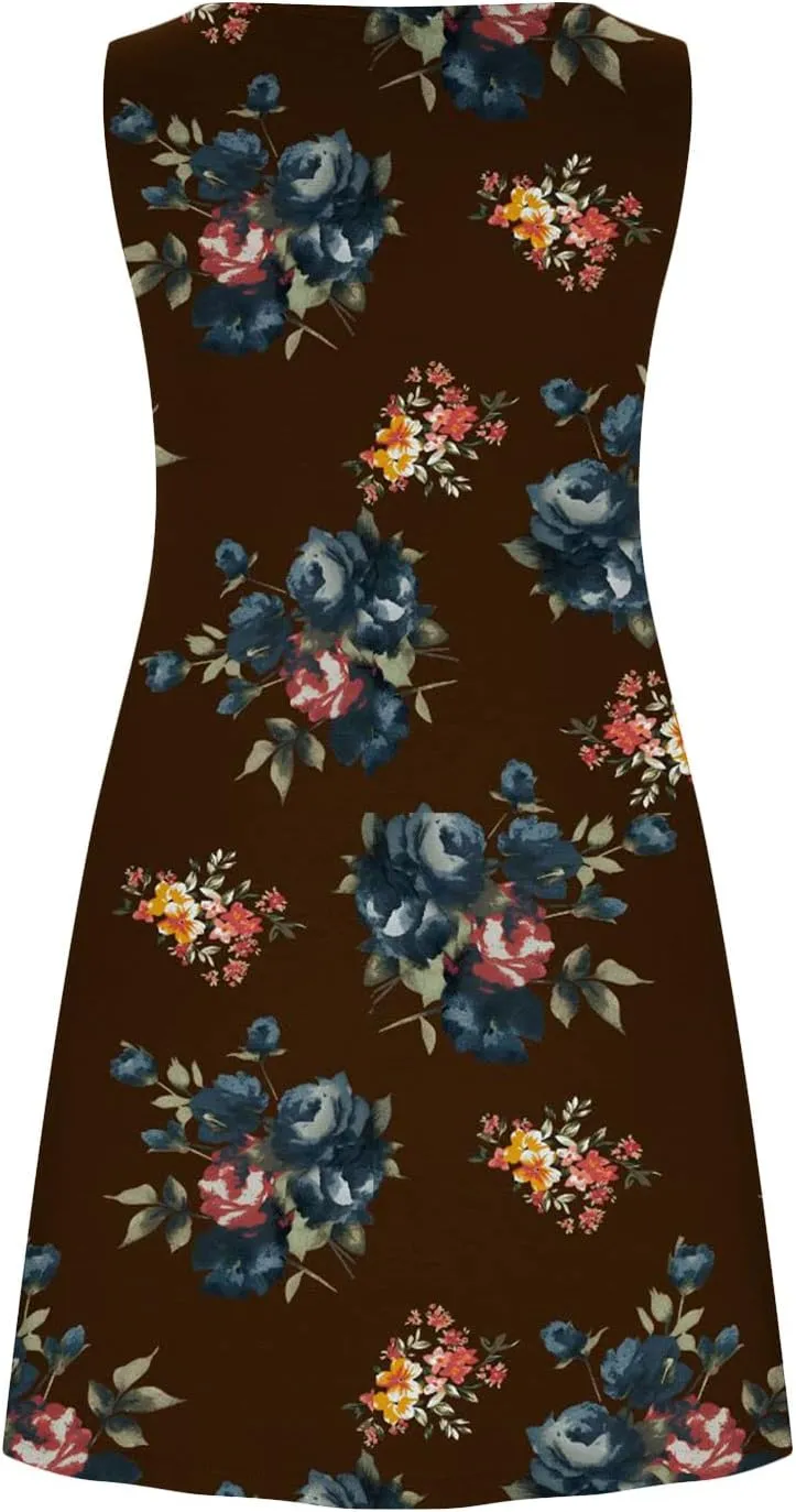 Vacation Dresses for Women 2024 Printed Sleeveless Round Neck Short Dresses Knee Length Dual Pockets Flowy Dresses