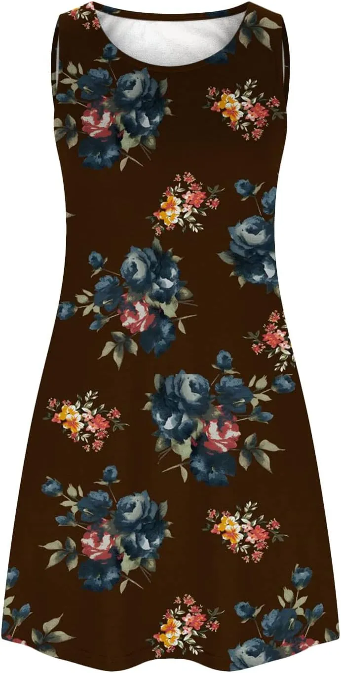 Vacation Dresses for Women 2024 Printed Sleeveless Round Neck Short Dresses Knee Length Dual Pockets Flowy Dresses