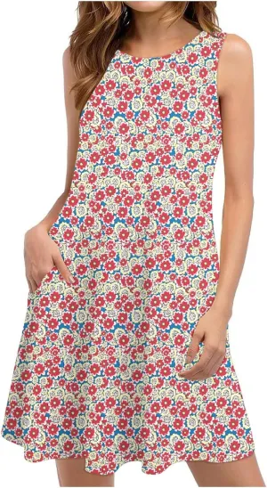 Vacation Dresses for Women 2024 Printed Sleeveless Round Neck Short Dresses Knee Length Dual Pockets Flowy Dresses