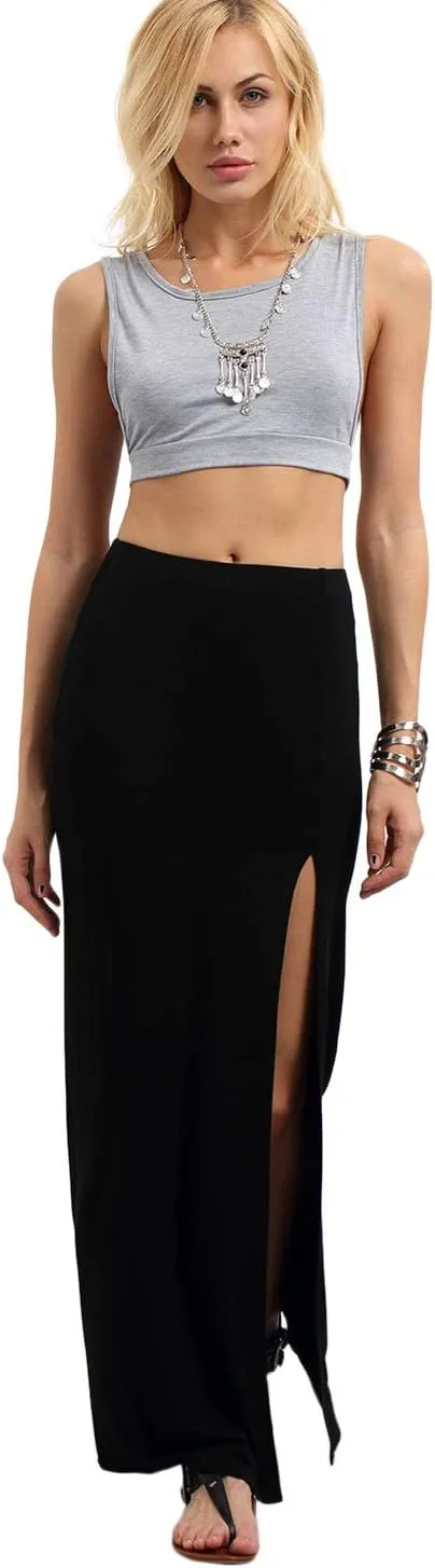 Verdusa Women's Solid Color High Waist Side Split Maxi Skirt