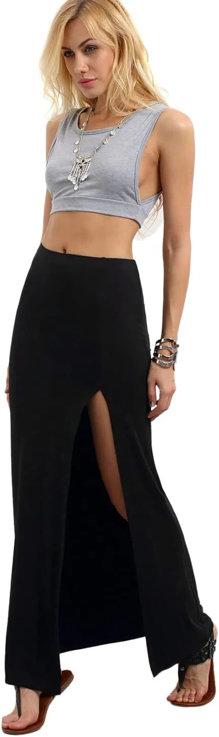 Verdusa Women's Solid Color High Waist Side Split Maxi Skirt