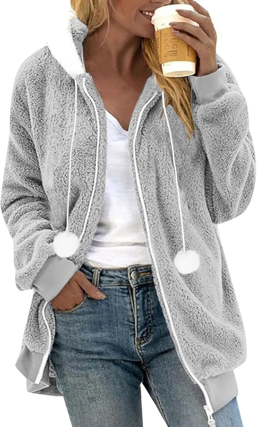Warm Winter Coats for Women Fuzzy Fleece Jacket Fur Hooded Color Block Cardigan Zip Up Outerwear with Pockets