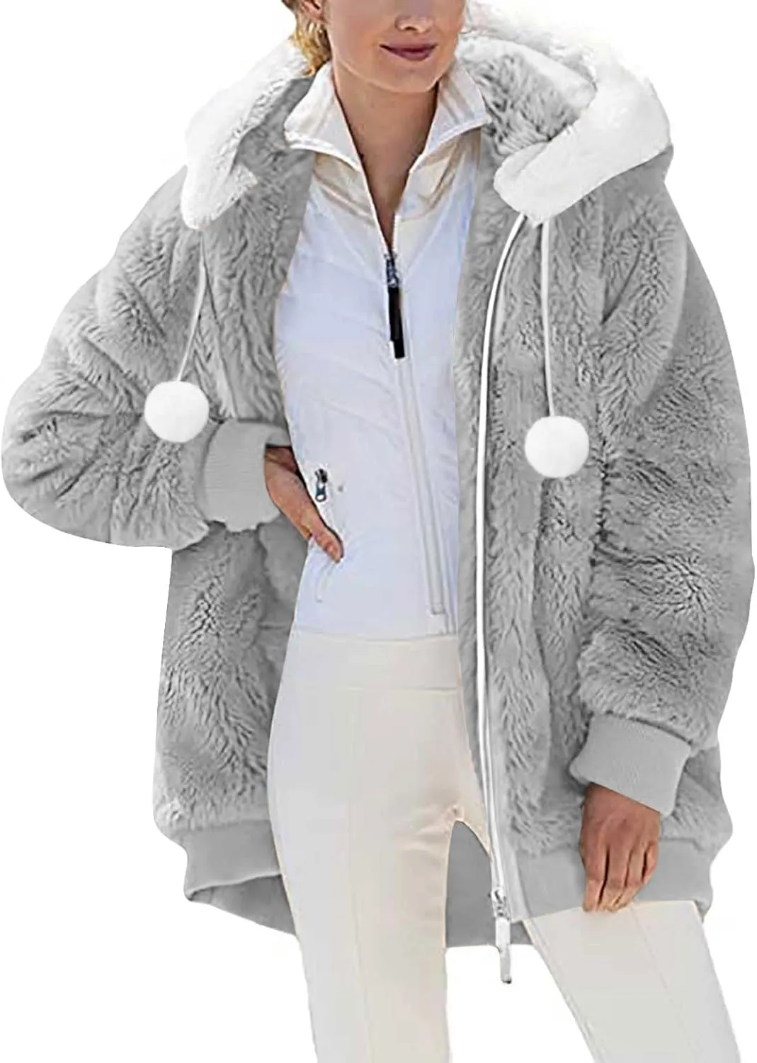 Warm Winter Coats for Women Fuzzy Fleece Jacket Fur Hooded Color Block Cardigan Zip Up Outerwear with Pockets