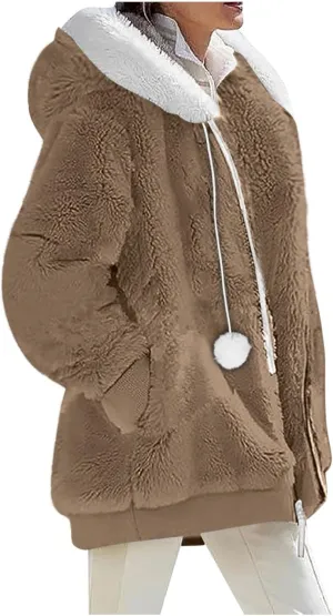 Warm Winter Coats for Women Fuzzy Fleece Jacket Fur Hooded Color Block Cardigan Zip Up Outerwear with Pockets