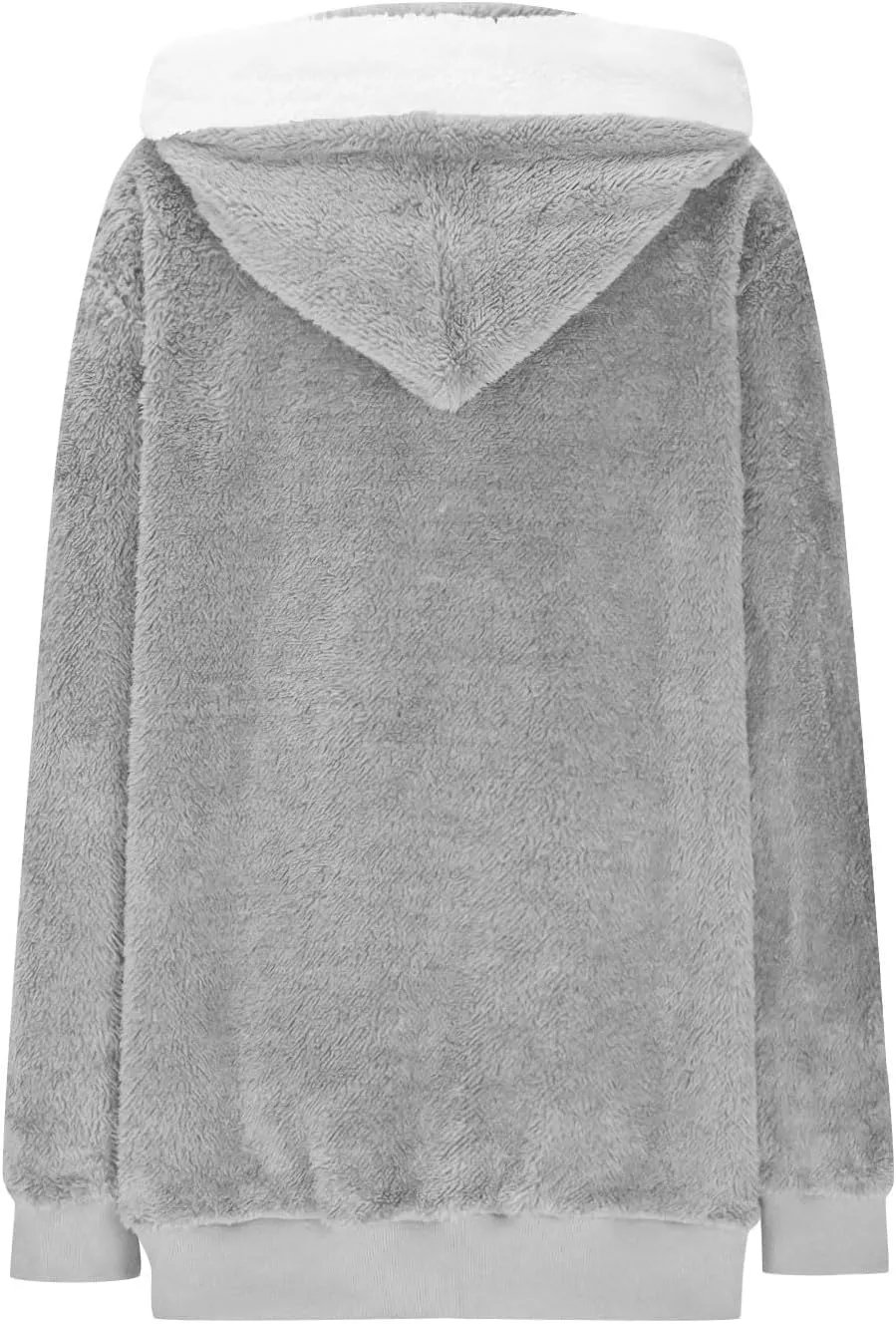 Warm Winter Coats for Women Fuzzy Fleece Jacket Fur Hooded Color Block Cardigan Zip Up Outerwear with Pockets