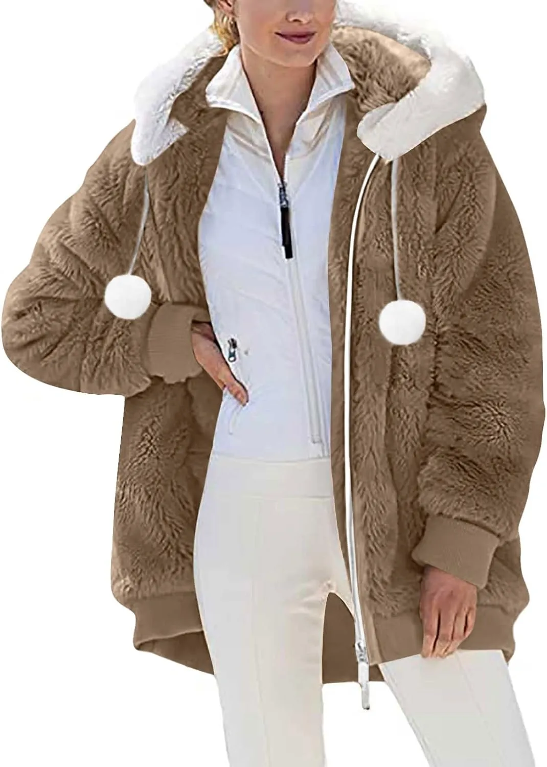 Warm Winter Coats for Women Fuzzy Fleece Jacket Fur Hooded Color Block Cardigan Zip Up Outerwear with Pockets