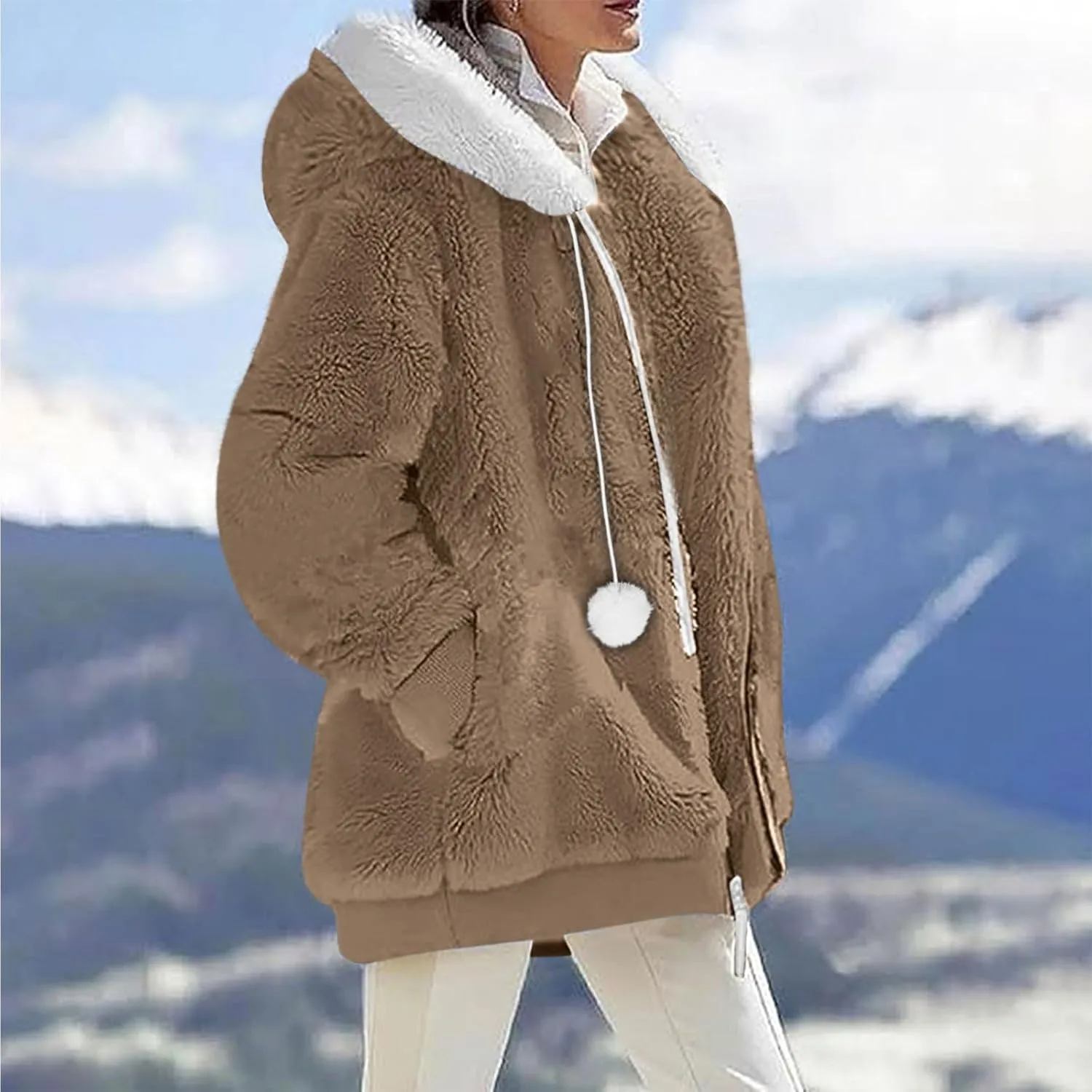 Warm Winter Coats for Women Fuzzy Fleece Jacket Fur Hooded Color Block Cardigan Zip Up Outerwear with Pockets