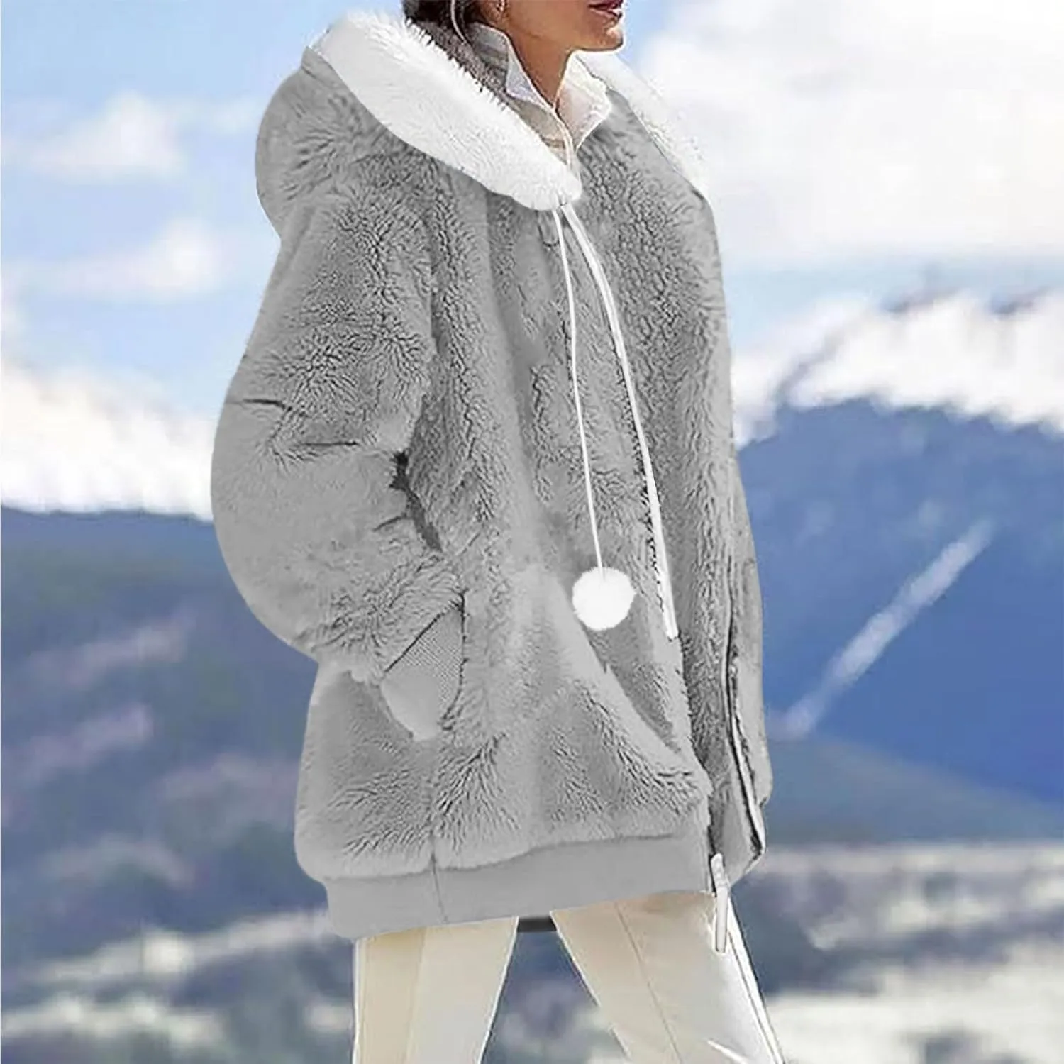 Warm Winter Coats for Women Fuzzy Fleece Jacket Fur Hooded Color Block Cardigan Zip Up Outerwear with Pockets