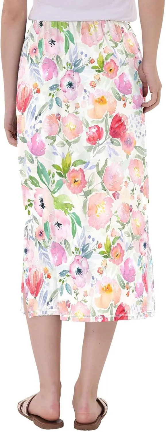 Watercolor Floral Botanical Boho Women's Midi Length Skirt Womens Split Beach Skirt High Waisted Beach Long Skirt