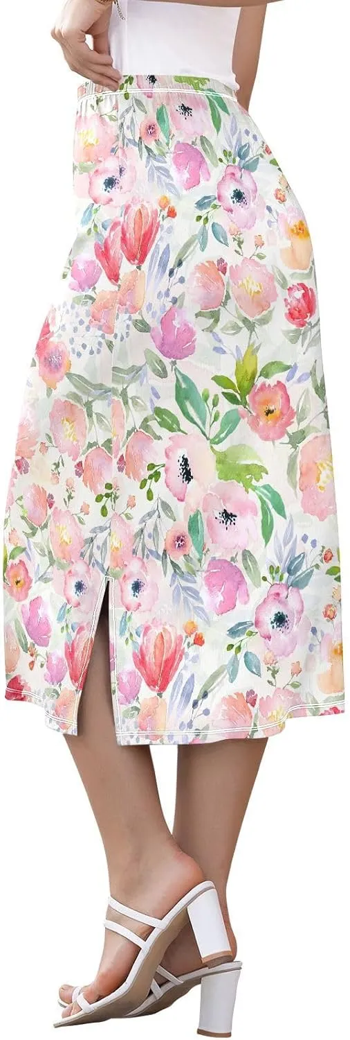 Watercolor Floral Botanical Boho Women's Midi Length Skirt Womens Split Beach Skirt High Waisted Beach Long Skirt
