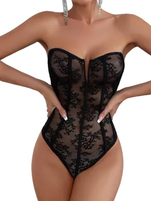WDIRARA Women's Floral Lace Strapless Mesh Lingerie Bodysuit Hollow Out Teddies Bodysuit