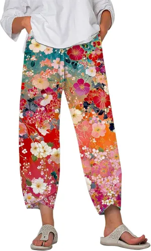 Wide Leg Pants Capri Cropped Casual Pants Summer Trendy Beach Pants with Pockets Plaid Patchwork Pants