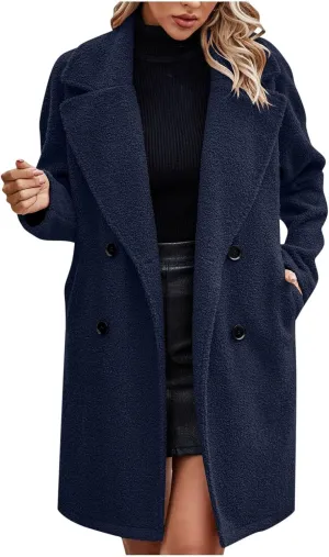 Winter Coats for Women 2024 Long Sleeve Fleece Jacket Lapel Button Down Coat Plus Size Wool Blend Coats Jacket