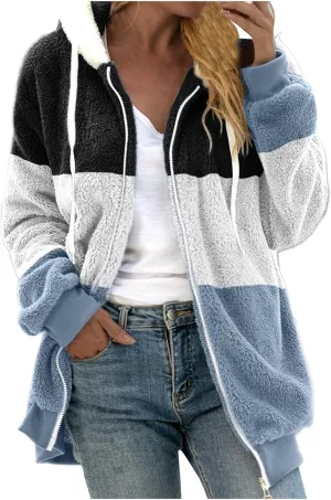 Winter Coats For Women,Women Fleece Hooded Jacket Warm Fuzzy Fluffy Sherpa Jacket Two Pockets Coat Outwear