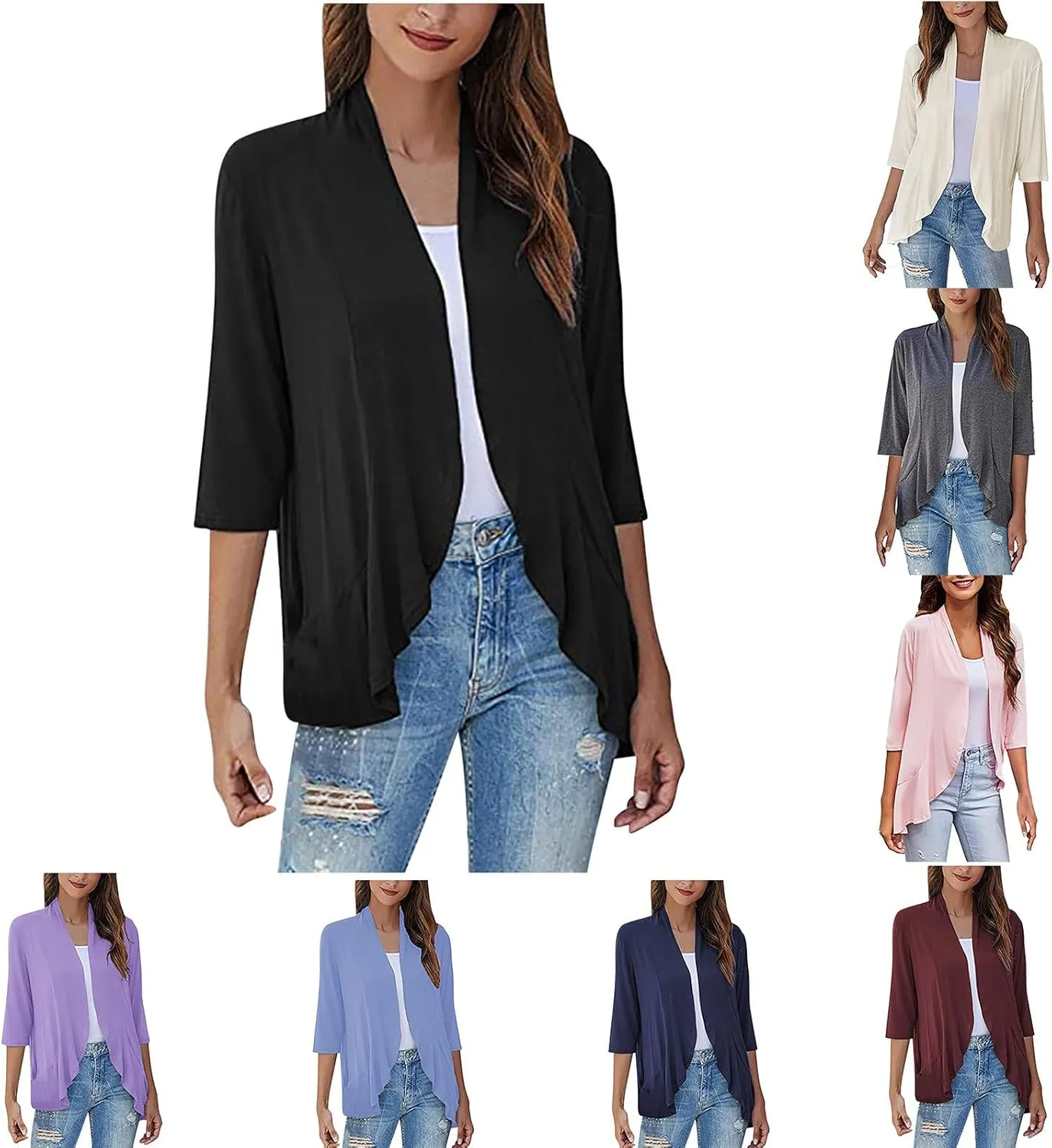 Wkishenl Women's 3/4 Sleeve Cardigan Summer Lightweight Cardigans Solid Draped Front Open Tops Casual Comfy Going Out Shirts