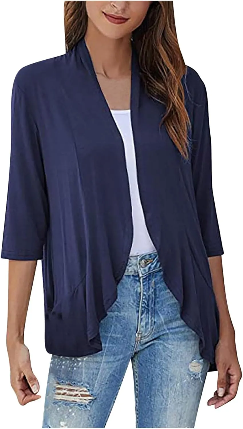 Wkishenl Women's 3/4 Sleeve Cardigan Summer Lightweight Cardigans Solid Draped Front Open Tops Casual Comfy Going Out Shirts