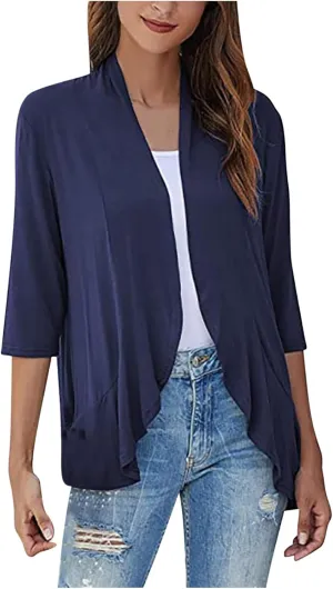 Wkishenl Women's 3/4 Sleeve Cardigan Summer Lightweight Cardigans Solid Draped Front Open Tops Casual Comfy Going Out Shirts