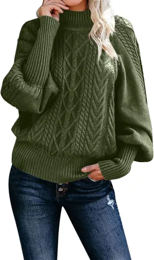 Women 2023 Fall Winter Sweater Mock Neck Balloon Sleeve Sweater Solid Lantern Sleeve Pullover Winter Chunky Sweater