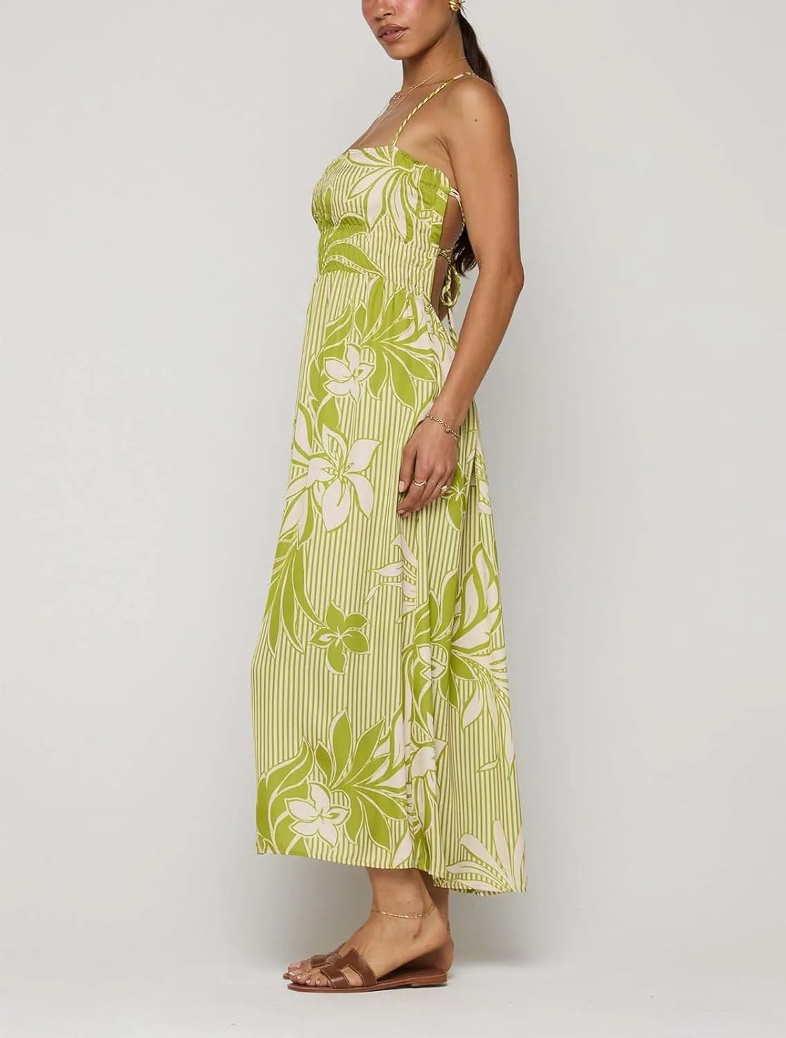 Women Boho Floral Backless Maxi Dress Y2K Spaghetti Strap Sleeveless Bodycon Long Dress Sexy Going Out Sundress