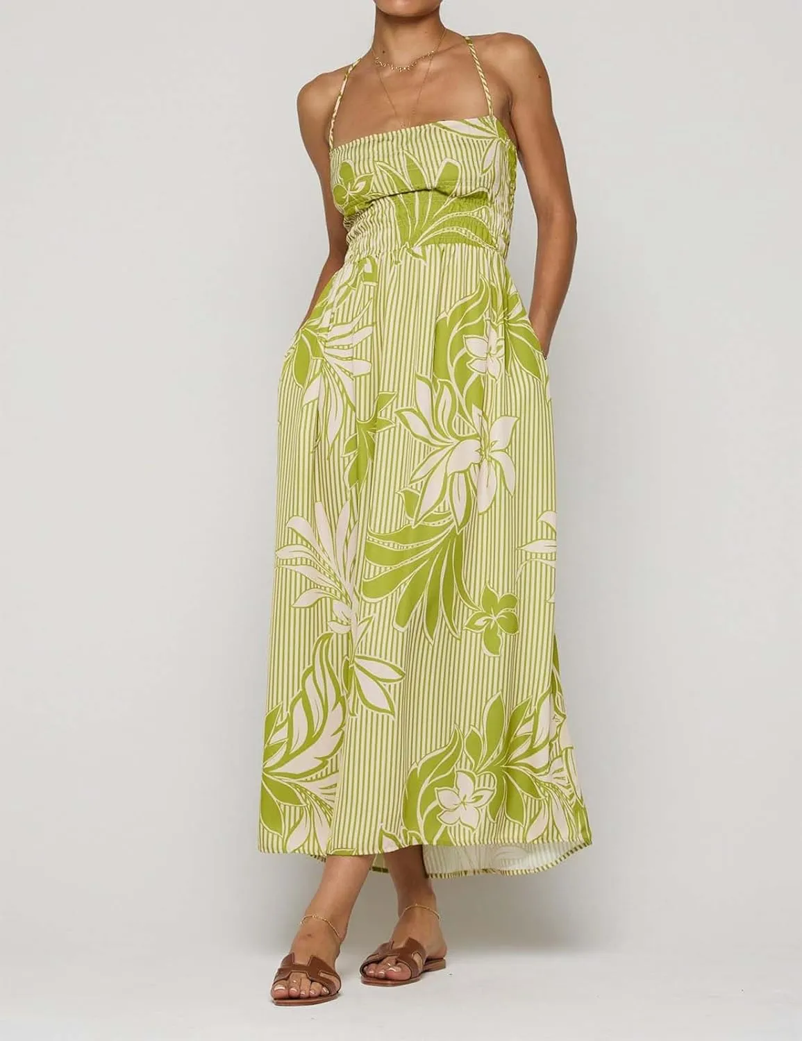 Women Boho Floral Backless Maxi Dress Y2K Spaghetti Strap Sleeveless Bodycon Long Dress Sexy Going Out Sundress