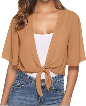 Women Bolero Shrug Summer Lightweight Shrugs Chiffon Cardigan Tops Short Sleeve Tie Front Cropped Top Cover Ups Dress