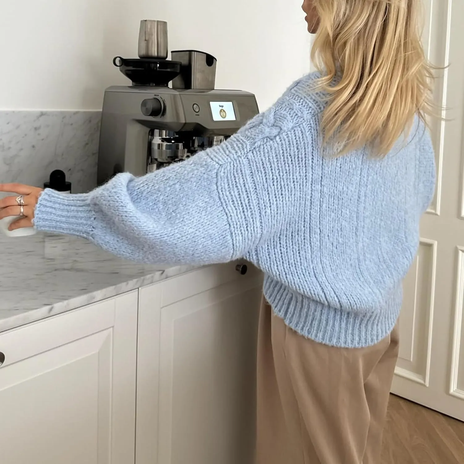 Women Cable Knit Crop Sweater Lantern Long Sleeve Crewneck Knitted Pullover Jumper Top Fall Cozy Oversized Knitwear