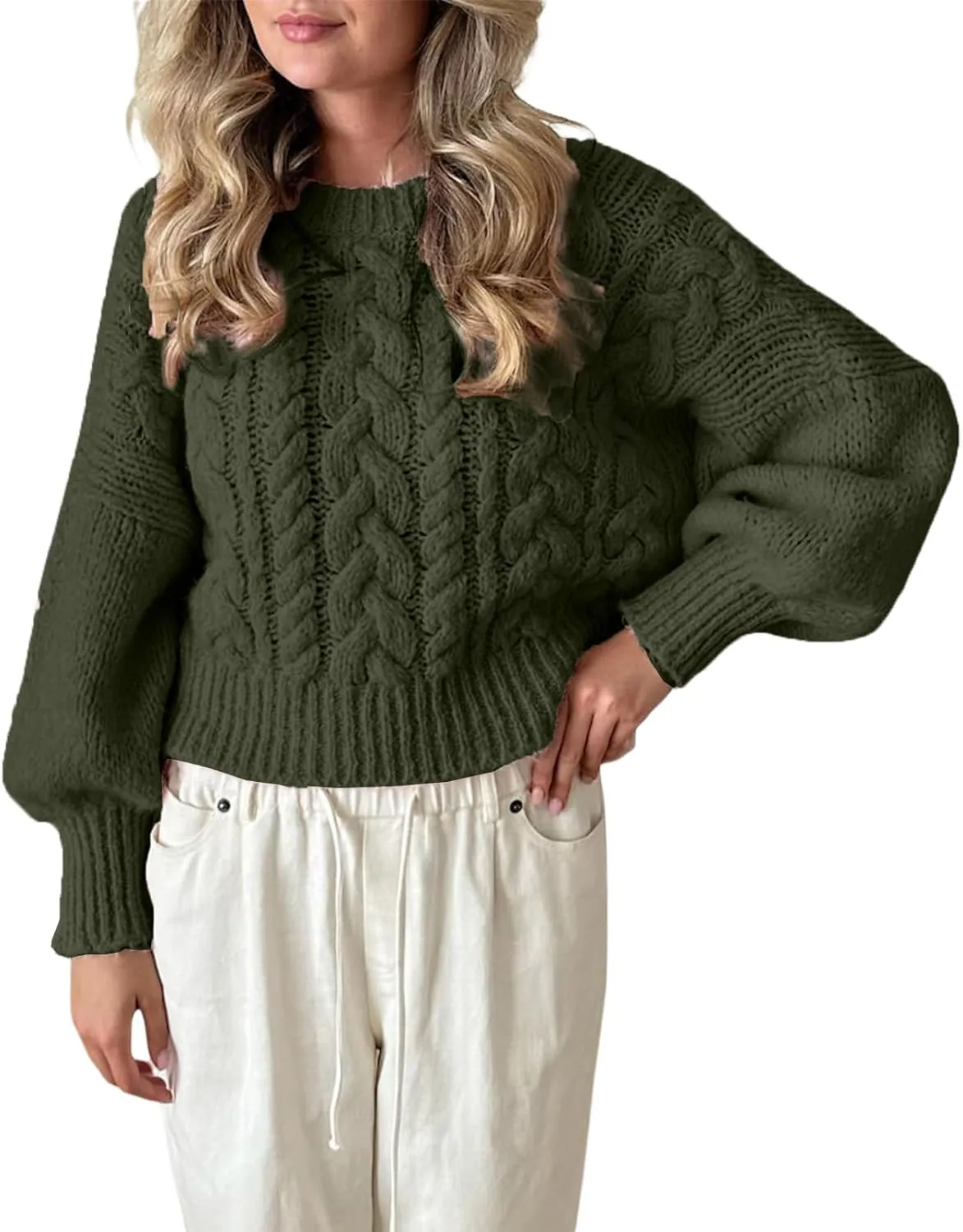 Women Cable Knit Crop Sweater Lantern Long Sleeve Crewneck Knitted Pullover Jumper Top Fall Cozy Oversized Knitwear