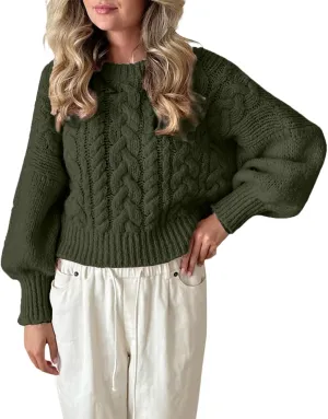 Women Cable Knit Crop Sweater Lantern Long Sleeve Crewneck Knitted Pullover Jumper Top Fall Cozy Oversized Knitwear