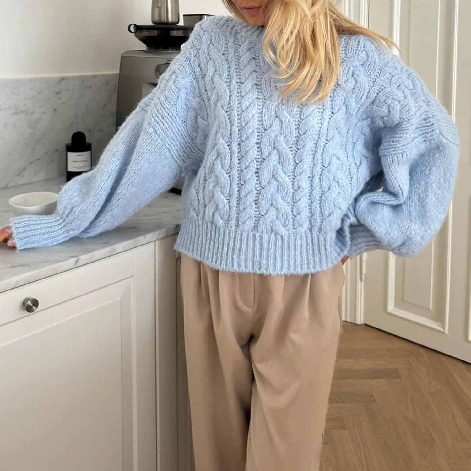Women Cable Knit Crop Sweater Lantern Long Sleeve Crewneck Knitted Pullover Jumper Top Fall Cozy Oversized Knitwear