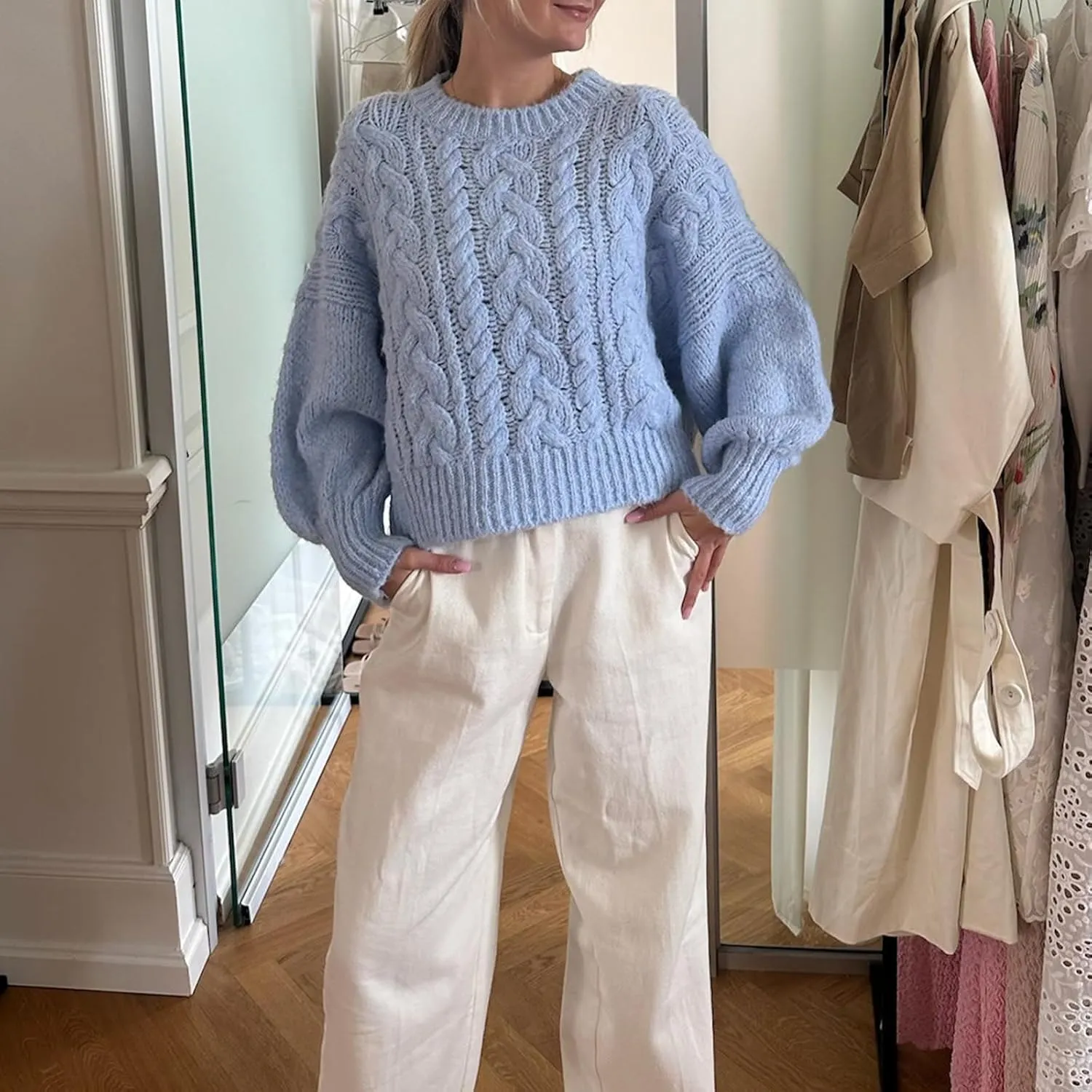 Women Cable Knit Crop Sweater Lantern Long Sleeve Crewneck Knitted Pullover Jumper Top Fall Cozy Oversized Knitwear