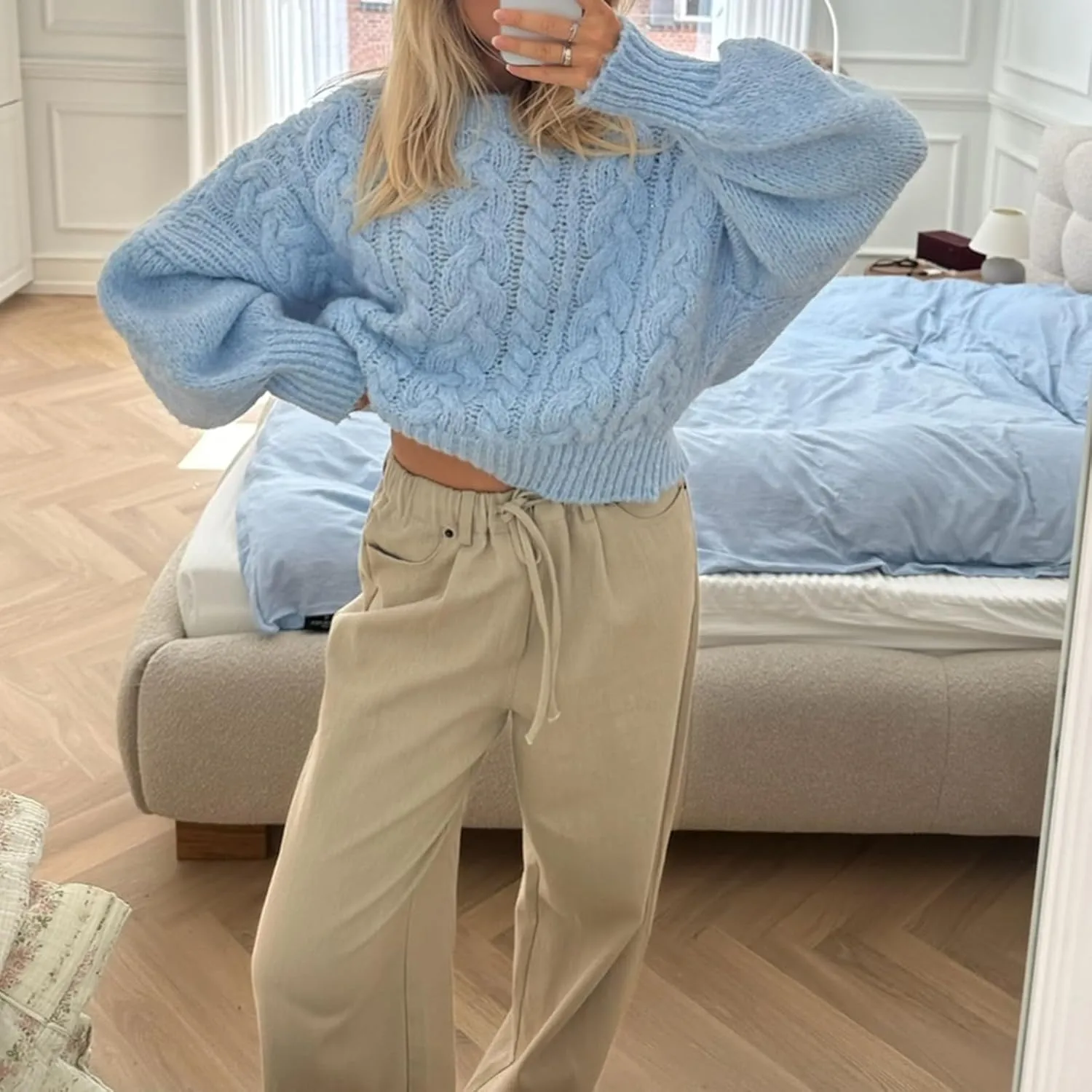 Women Cable Knit Crop Sweater Lantern Long Sleeve Crewneck Knitted Pullover Jumper Top Fall Cozy Oversized Knitwear