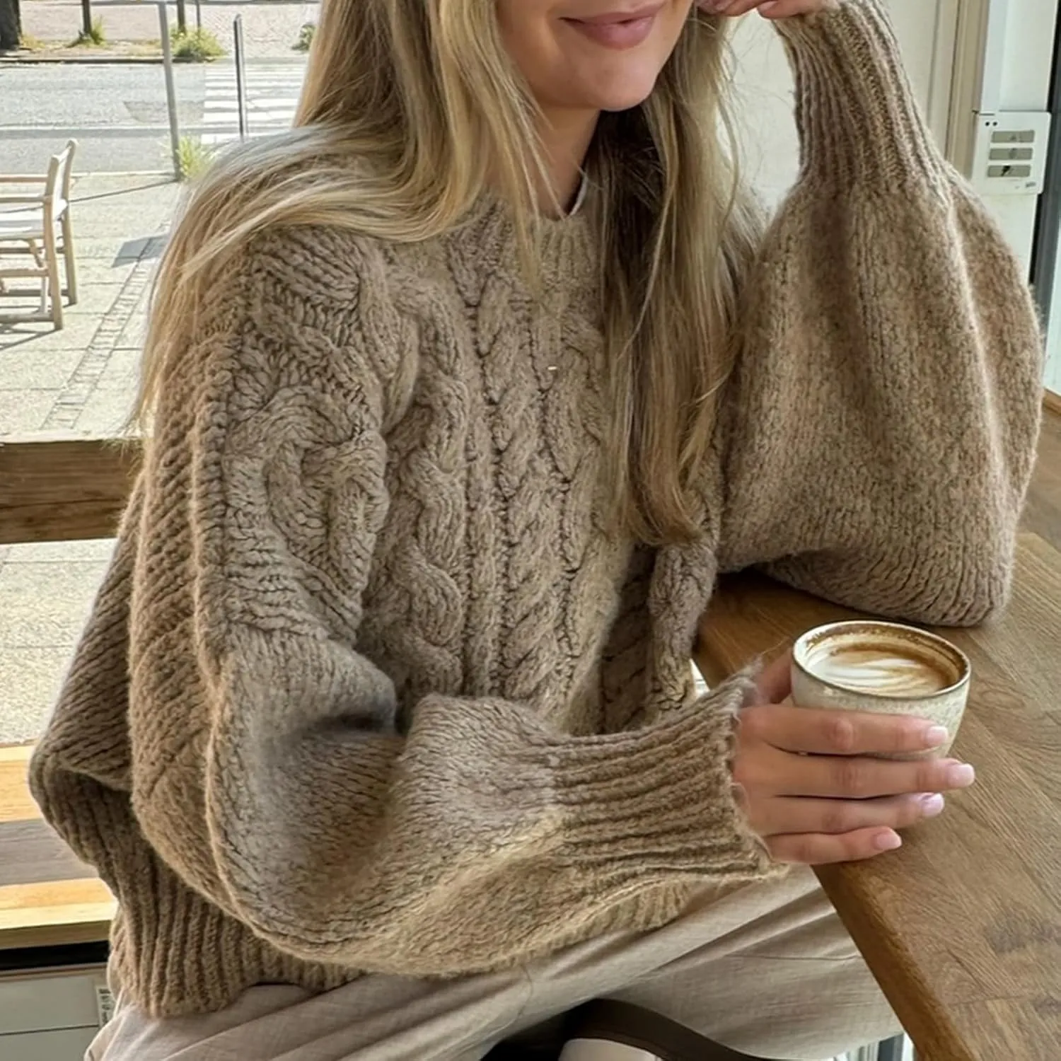 Women Cable Knit Crop Sweater Lantern Long Sleeve Crewneck Knitted Pullover Jumper Top Fall Cozy Oversized Knitwear