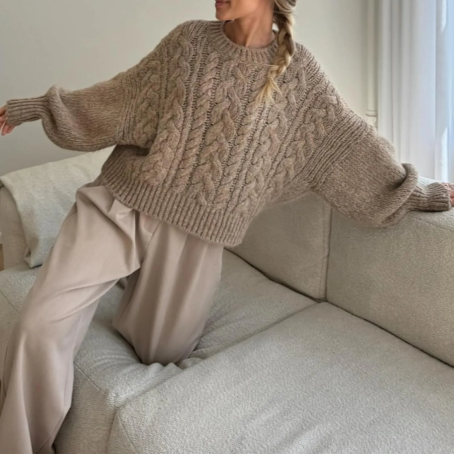 Women Cable Knit Crop Sweater Lantern Long Sleeve Crewneck Knitted Pullover Jumper Top Fall Cozy Oversized Knitwear