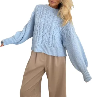 Women Cable Knit Crop Sweater Lantern Long Sleeve Crewneck Knitted Pullover Jumper Top Fall Cozy Oversized Knitwear