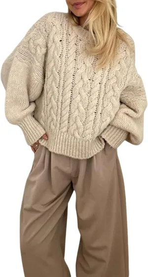 Women Cable Knit Crop Sweater Lantern Long Sleeve Crewneck Knitted Pullover Jumper Top Fall Cozy Oversized Knitwear