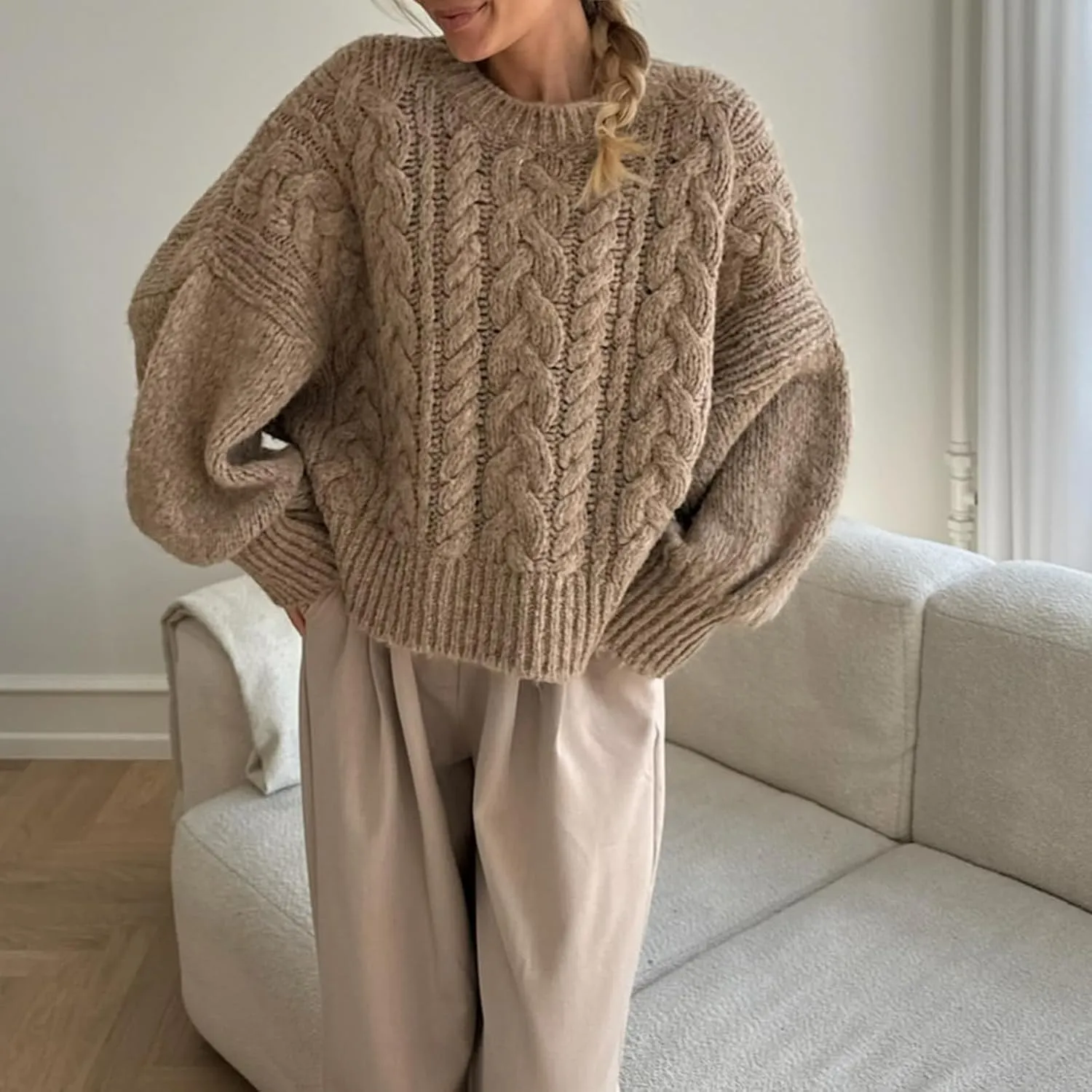 Women Cable Knit Crop Sweater Lantern Long Sleeve Crewneck Knitted Pullover Jumper Top Fall Cozy Oversized Knitwear