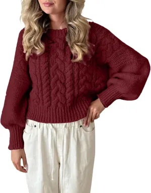 Women Cable Knit Crop Sweater Lantern Long Sleeve Crewneck Knitted Pullover Jumper Top Fall Cozy Oversized Knitwear